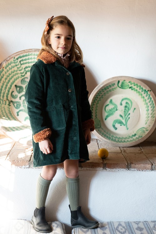 manteau enfant gava velours côtelé vert col fourrure naturelle coton biologique hiver