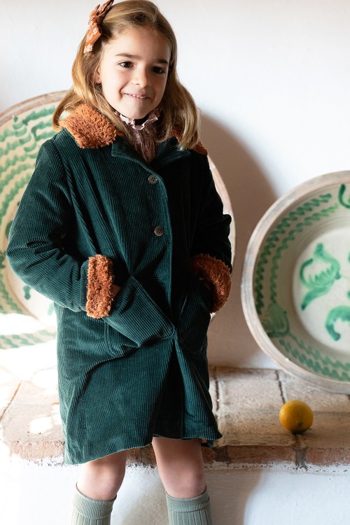manteau enfant gava velours côtelé vert col fourrure naturelle coton biologique hiver
