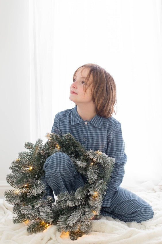 pyjama garcon hiver bleu en coton bio à carreaux