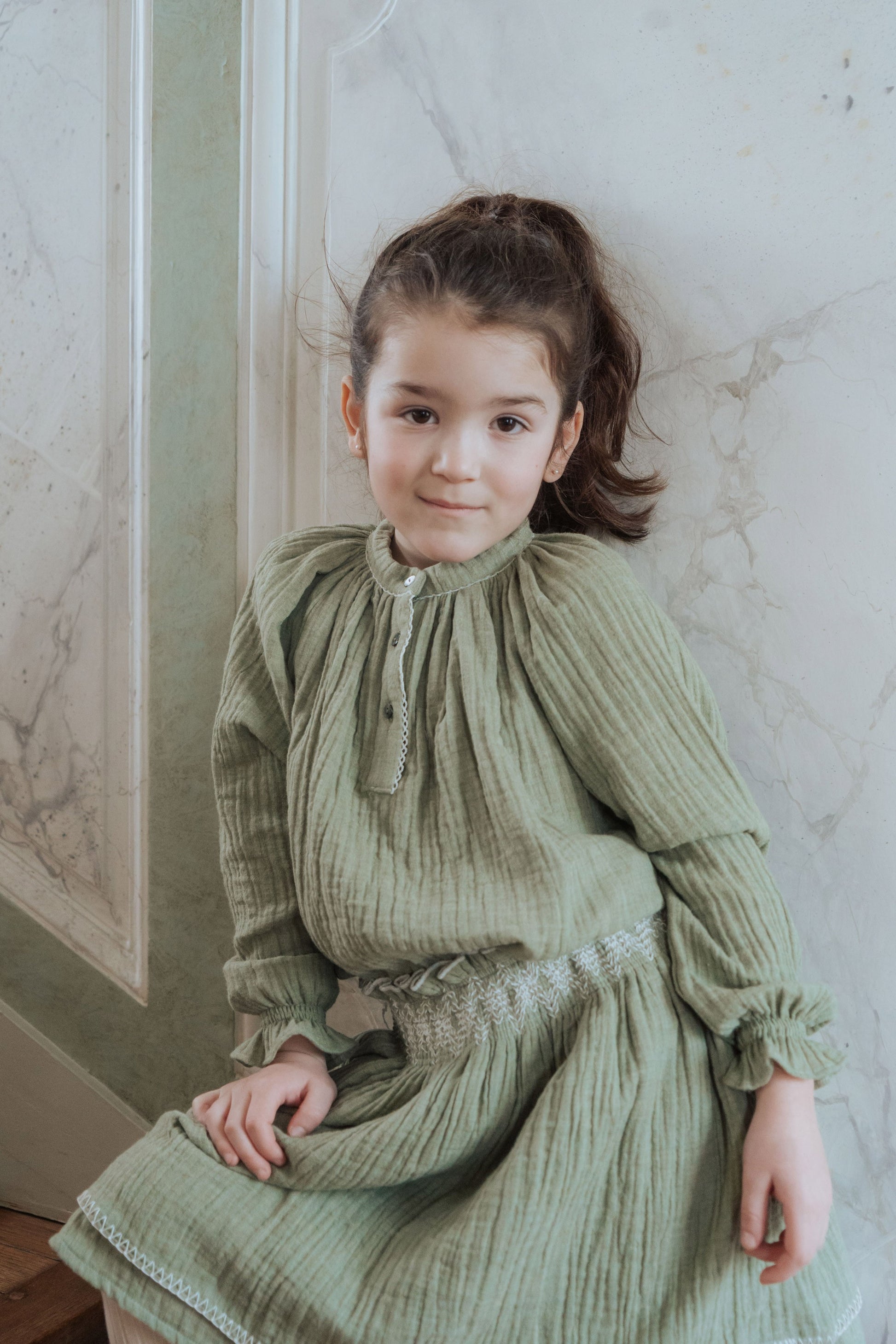 chemise fille verte en double gaz de coton bio