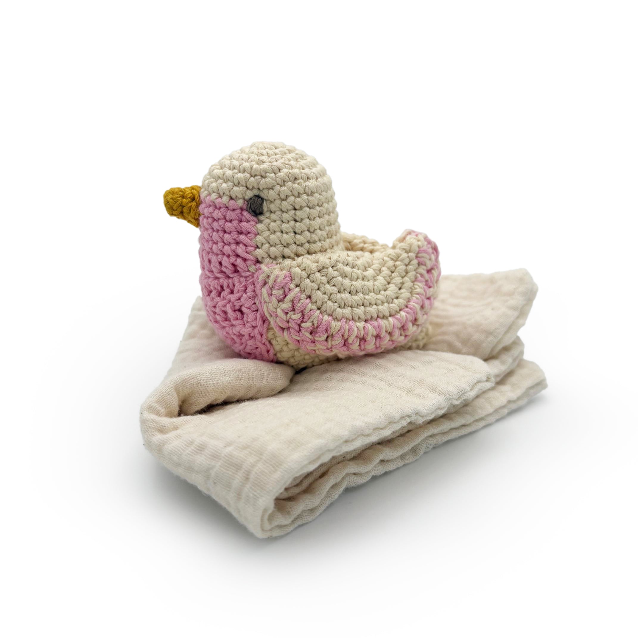 Doudou mésange rose en crochet