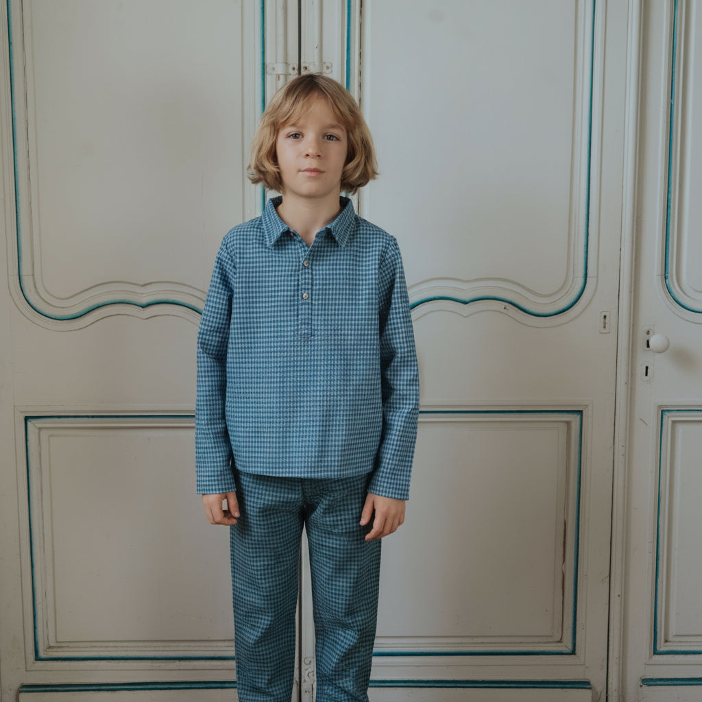 pyjama garçon en flanelle de coton bio à carreaux bleus 
