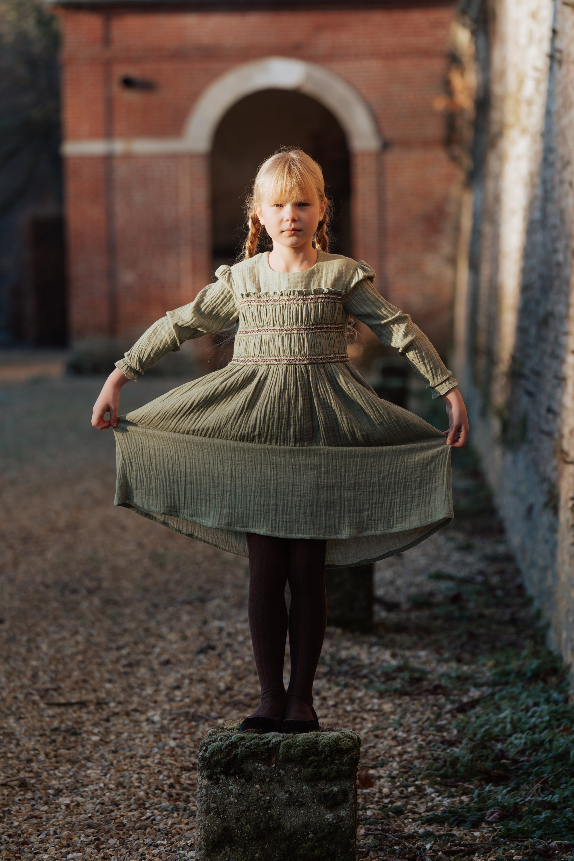 Robe fille verte en gaze de coton bio