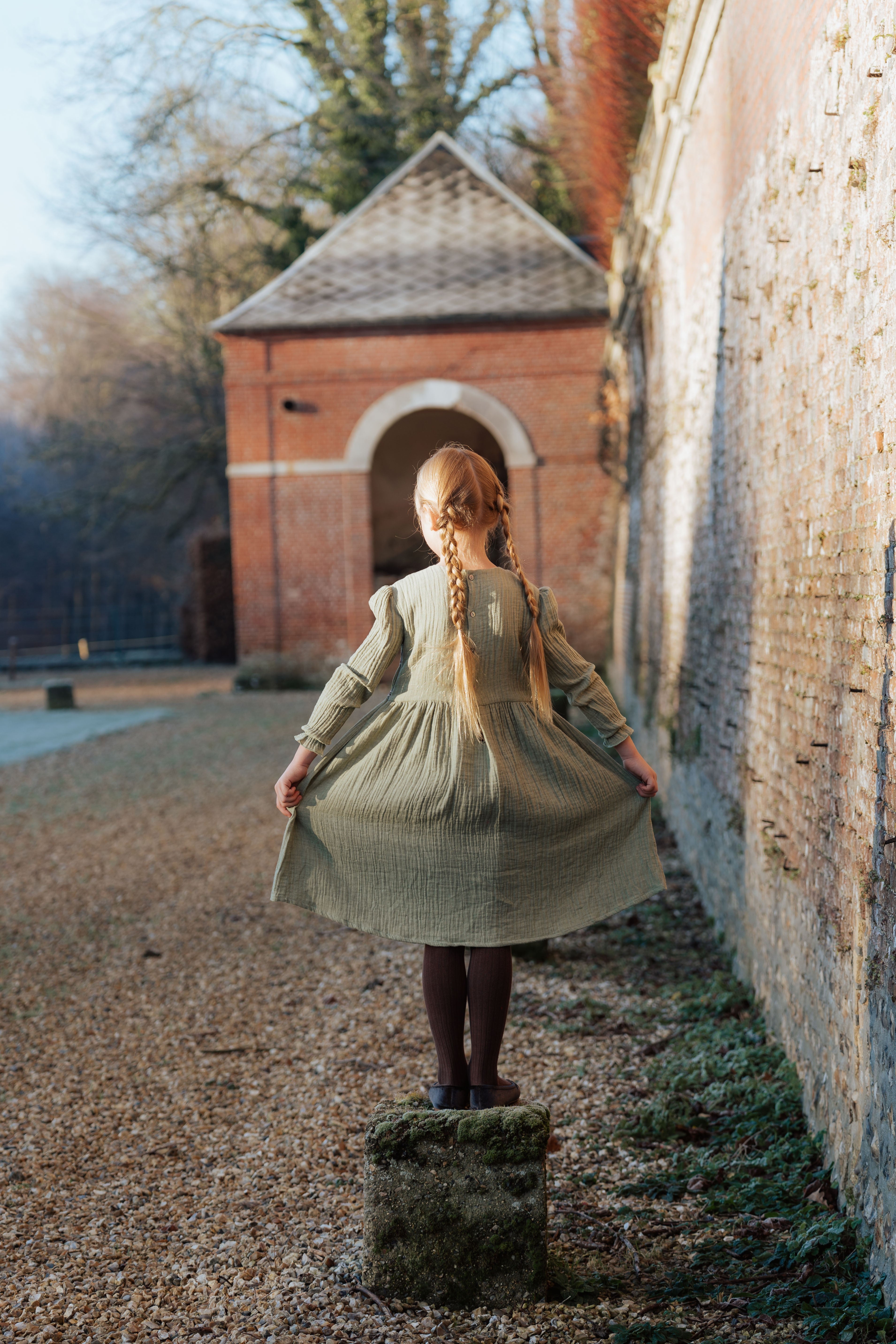 Robe fille verte en double gaz de coton bio