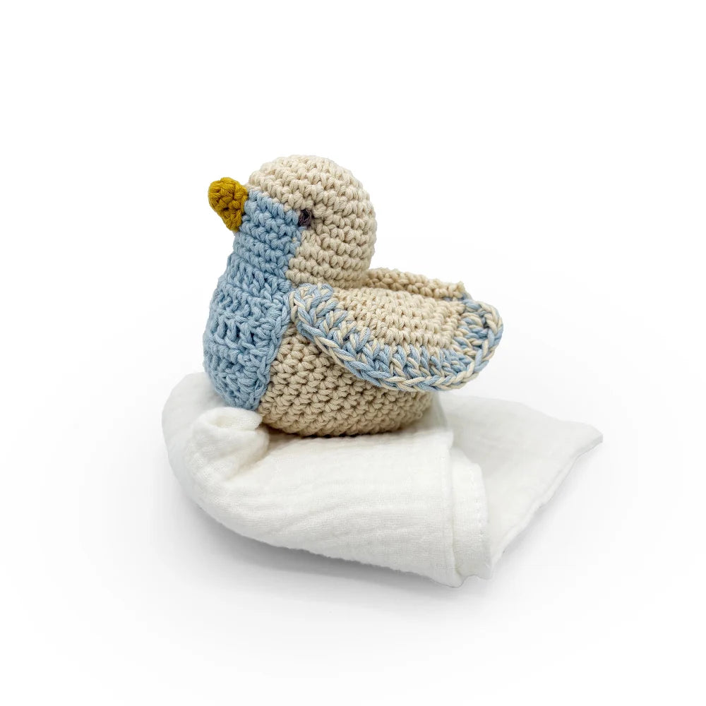 crocheted blue tit plush toy