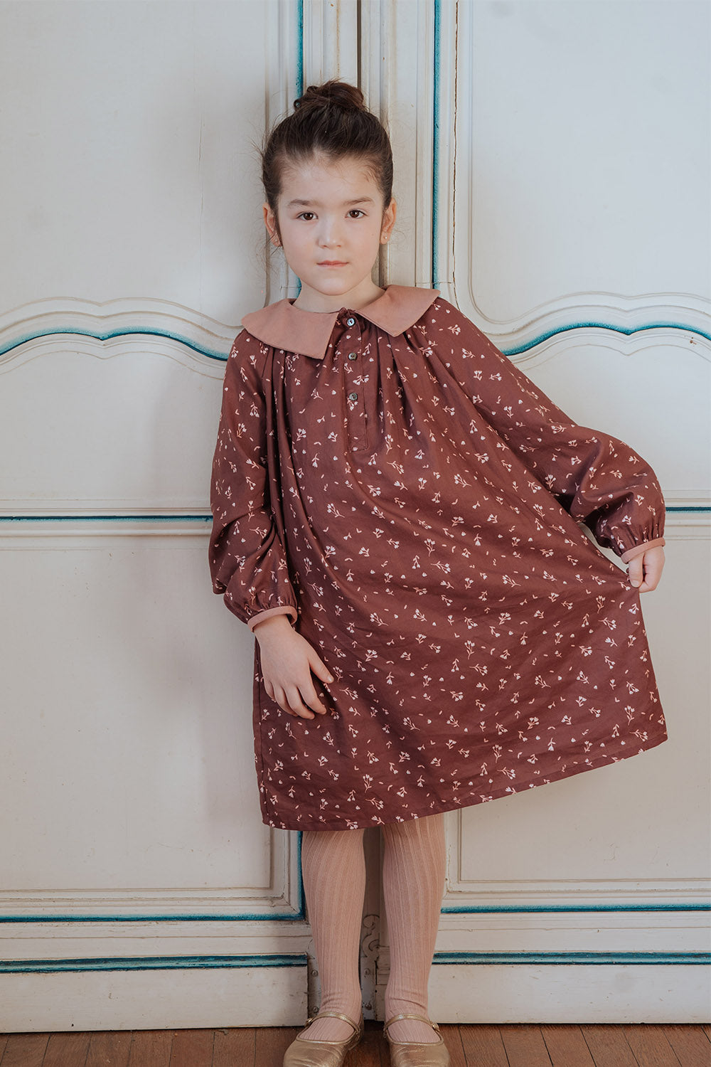 robe fille hiver en coton bio prune et col velours 